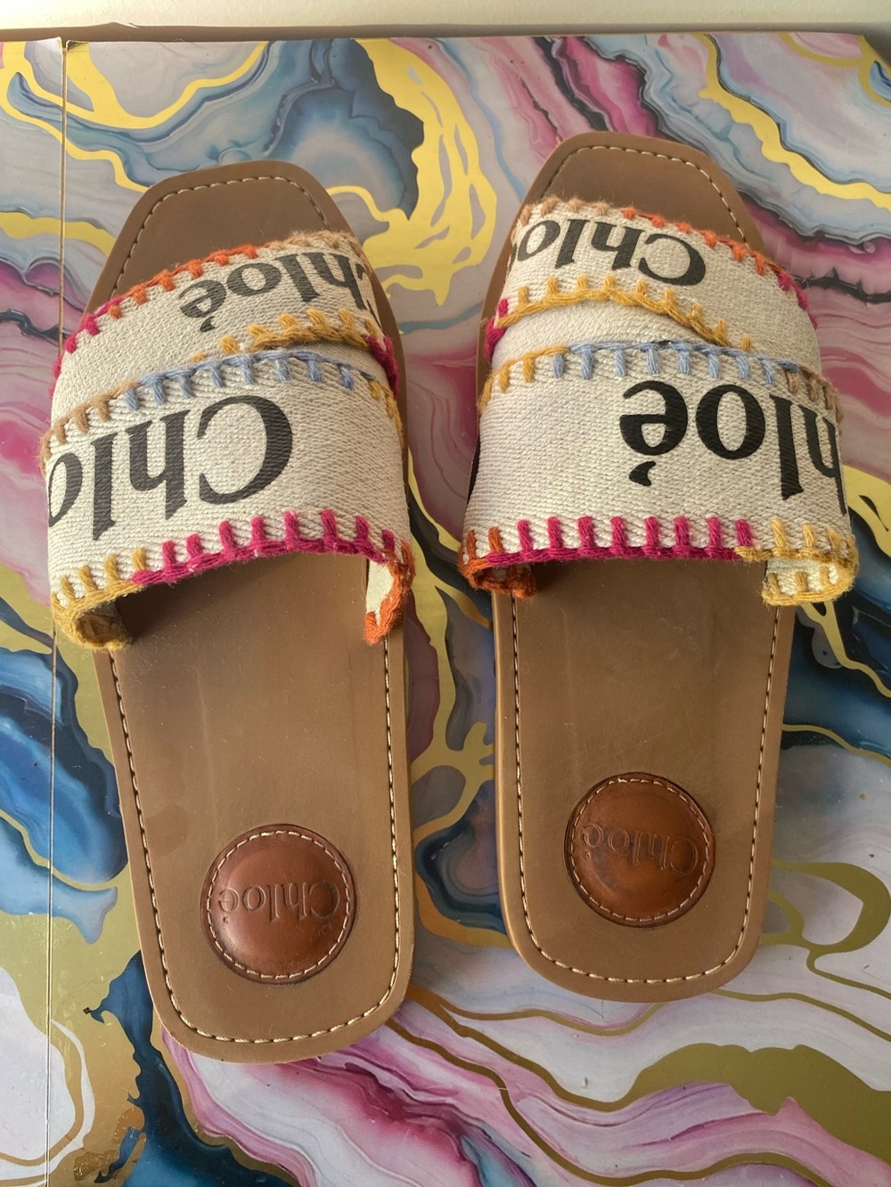 Chloe Woody Embroidered Canvas Logo Flat Slide Sandal Size 38 US 8 Boho - Picture 2 of 12